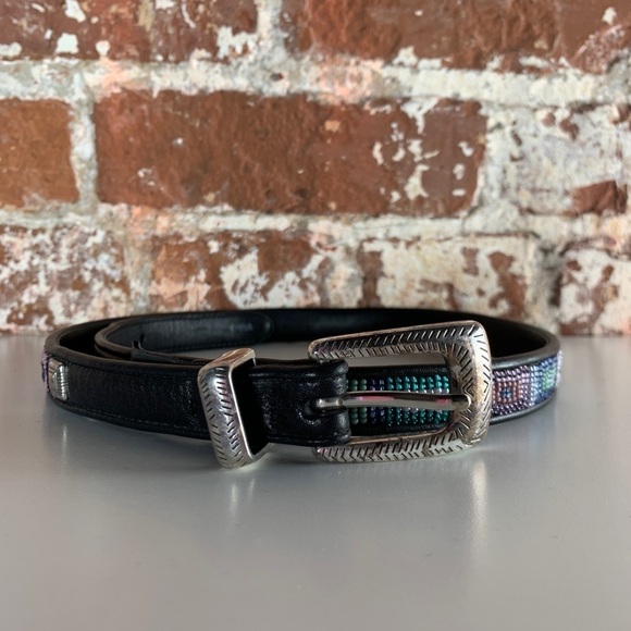 Brighton Beaded Black Leather Belt w/ Silver Hardware Size Small - Picture 2 of 7